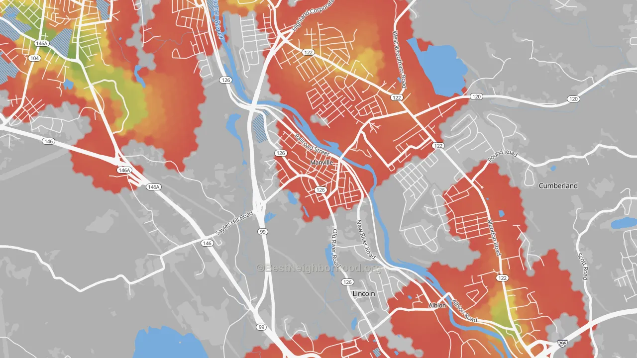 Walk Grade map of 02838, RI, walkable areas in green and car-dependent areas in red