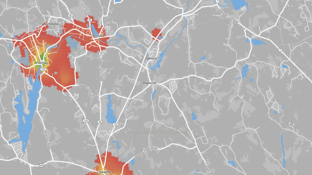 Walk Grade map of 02839, RI, walkable areas in green and car-dependent areas in red