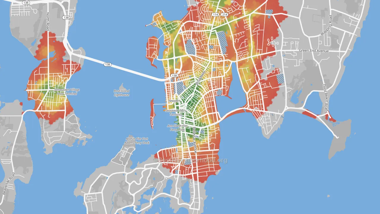 Walk Grade map of 02840, RI, walkable areas in green and car-dependent areas in red