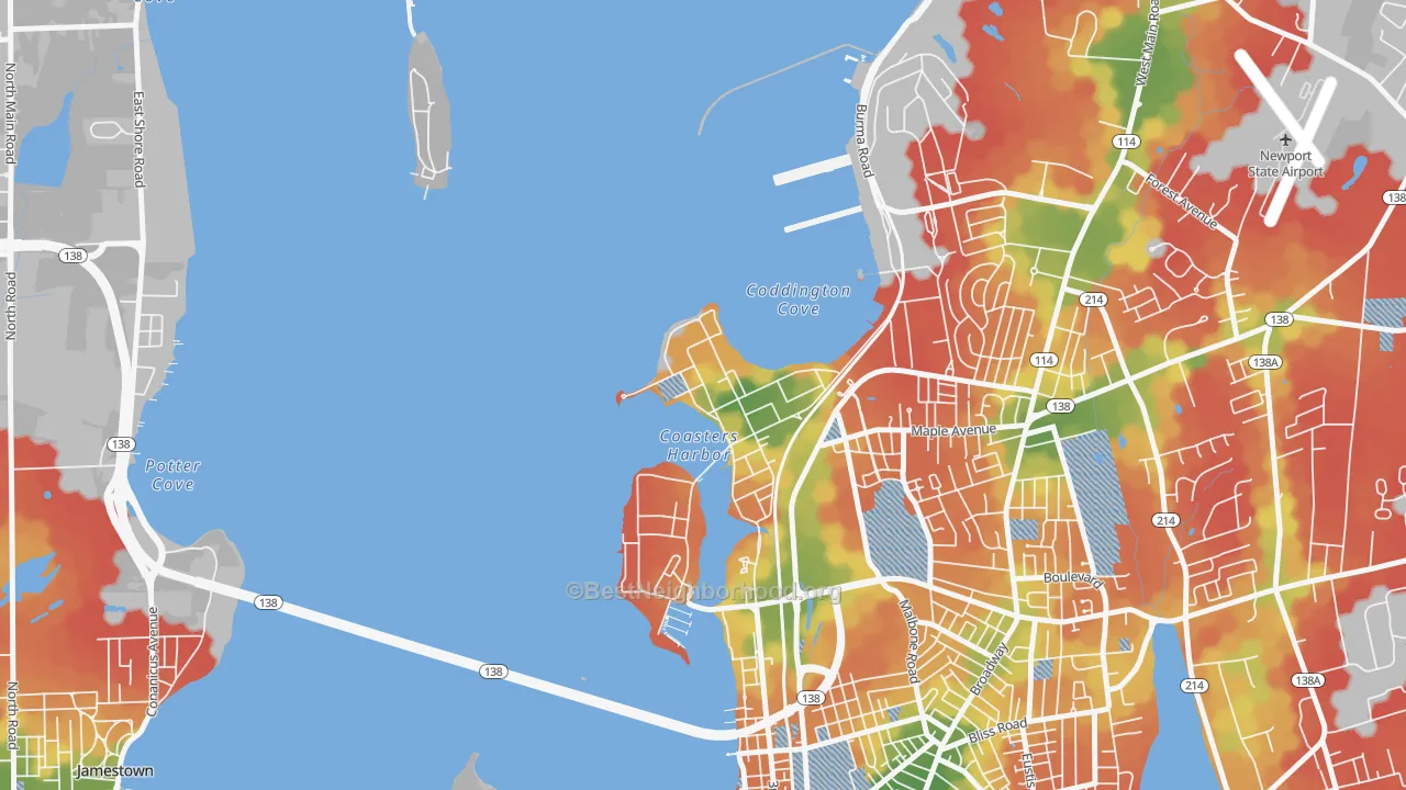 Walk Grade map of 02841, RI, walkable areas in green and car-dependent areas in red