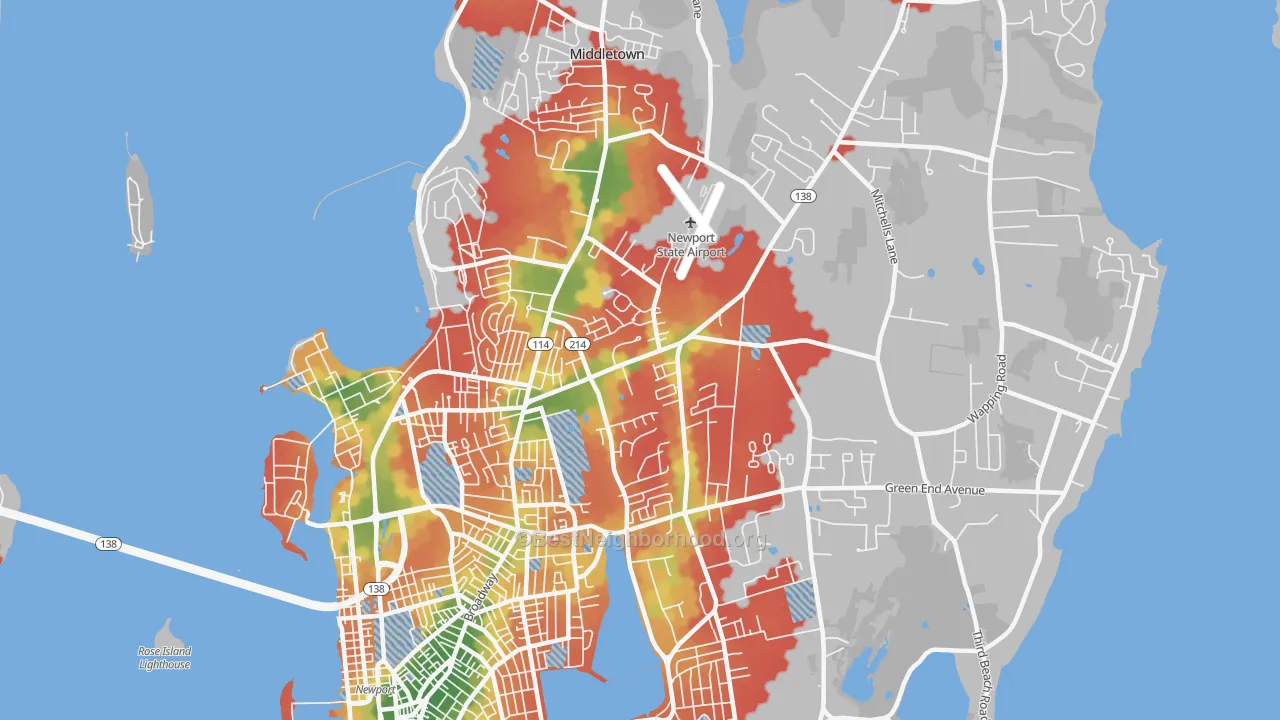 Walk Grade map of 02842, RI, walkable areas in green and car-dependent areas in red