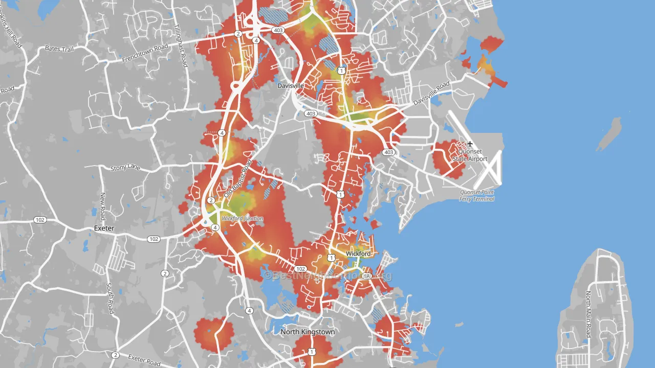 Walk Grade map of 02852, RI, walkable areas in green and car-dependent areas in red