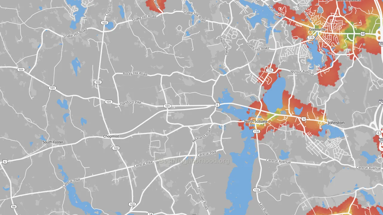 Walk Grade map of 02857, RI, walkable areas in green and car-dependent areas in red