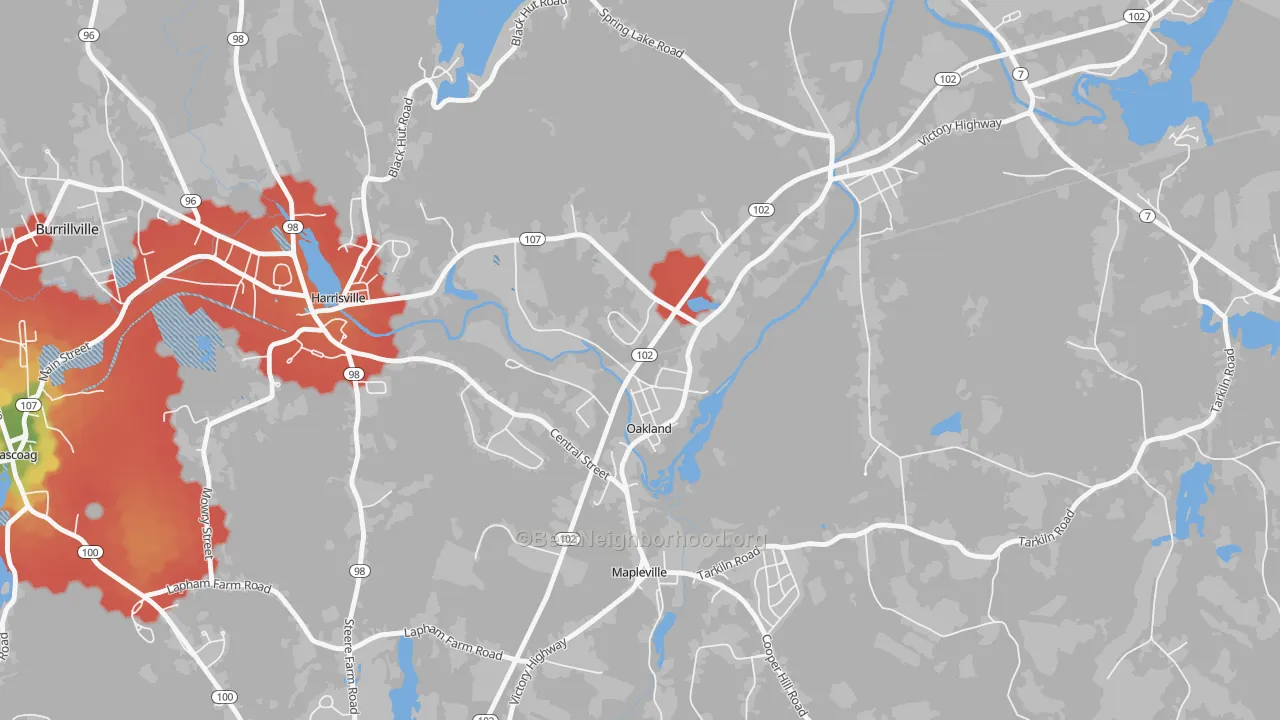 Walk Grade map of 02858, RI, walkable areas in green and car-dependent areas in red