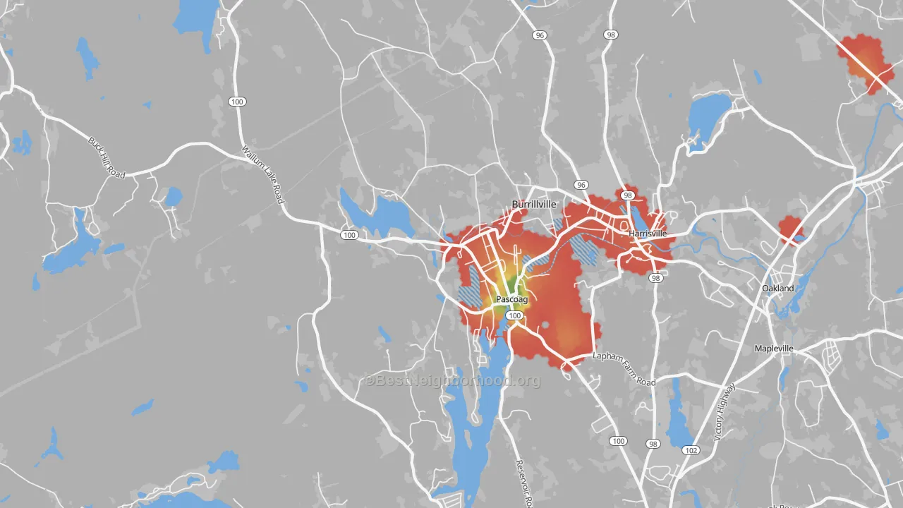 Walk Grade map of 02859, RI, walkable areas in green and car-dependent areas in red
