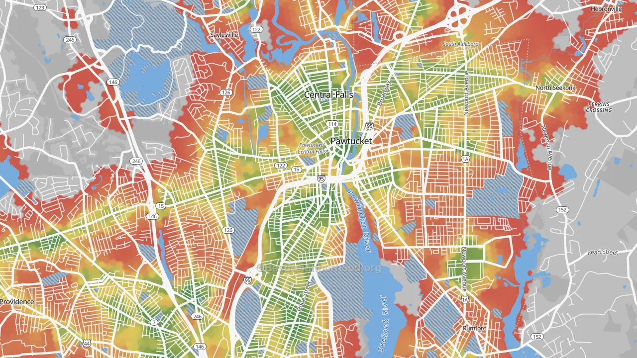 Walk Grade map of 02860, RI, walkable areas in green and car-dependent areas in red