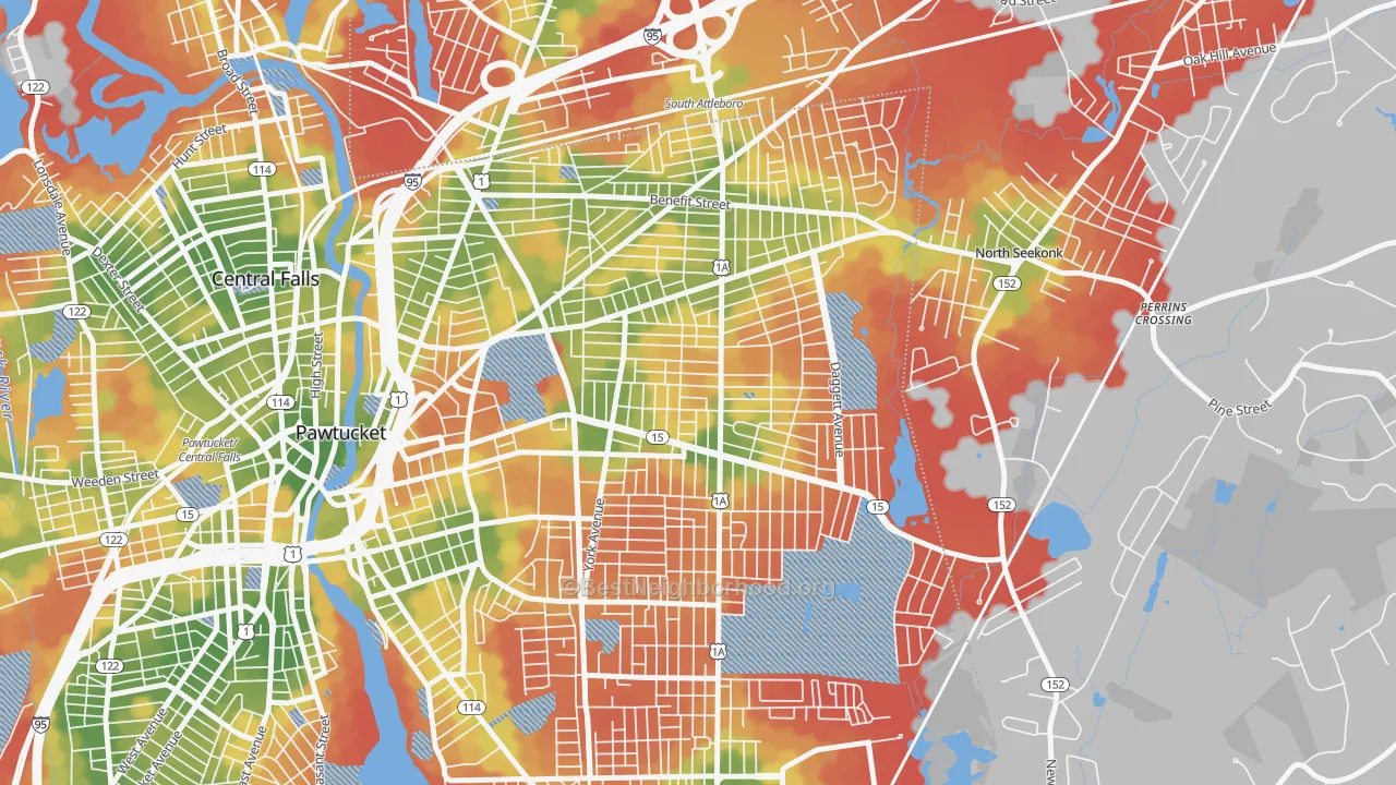 Walk Grade map of 02861, RI, walkable areas in green and car-dependent areas in red