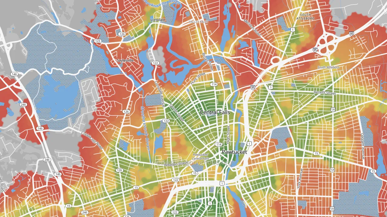 Walk Grade map of 02863, RI, walkable areas in green and car-dependent areas in red