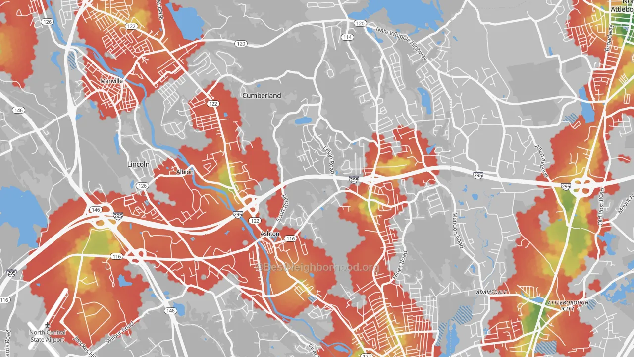 Walk Grade map of 02864, RI, walkable areas in green and car-dependent areas in red