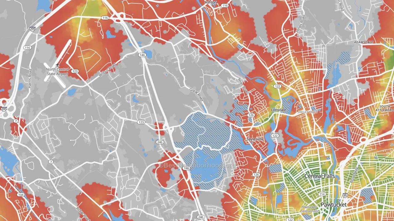 Walk Grade map of 02865, RI, walkable areas in green and car-dependent areas in red
