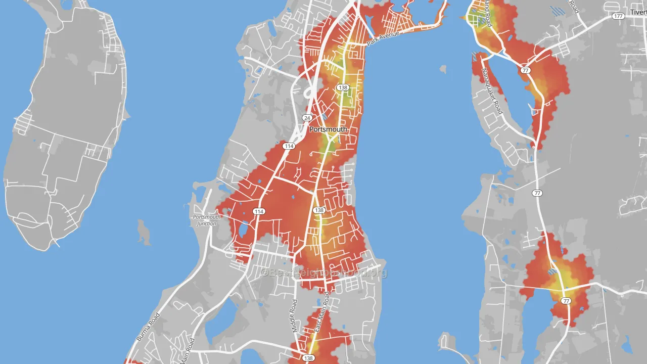 Walk Grade map of 02871, RI, walkable areas in green and car-dependent areas in red