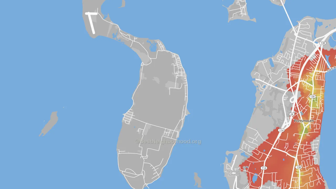 Walk Grade map of 02872, RI, walkable areas in green and car-dependent areas in red