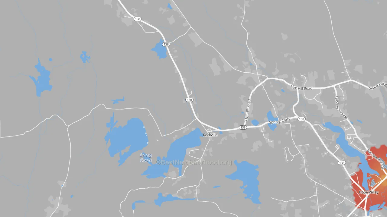 Walk Grade map of 02873, RI, walkable areas in green and car-dependent areas in red