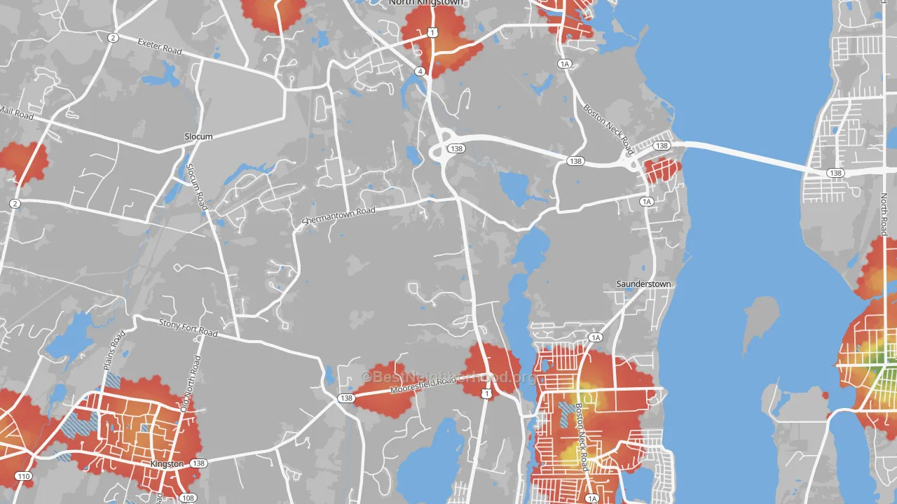 Walk Grade map of 02874, RI, walkable areas in green and car-dependent areas in red