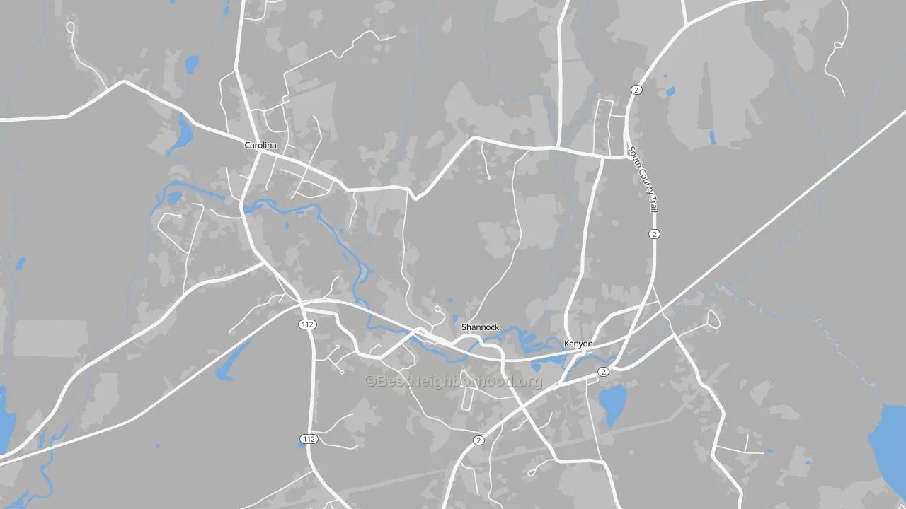Walk Grade map of 02875, RI, walkable areas in green and car-dependent areas in red