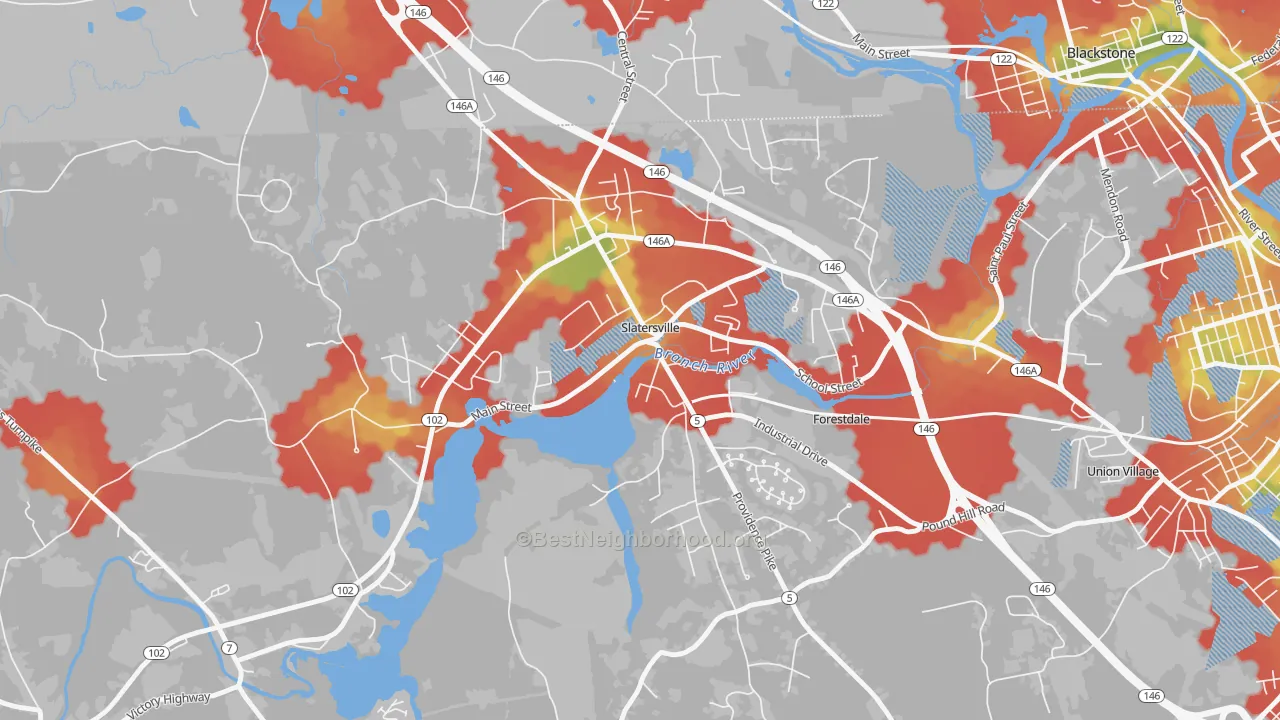 Walk Grade map of 02876, RI, walkable areas in green and car-dependent areas in red