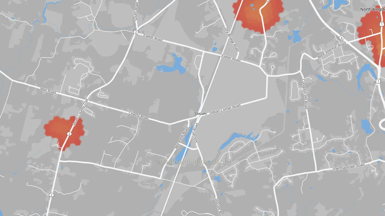 Walk Grade map of 02877, RI, walkable areas in green and car-dependent areas in red