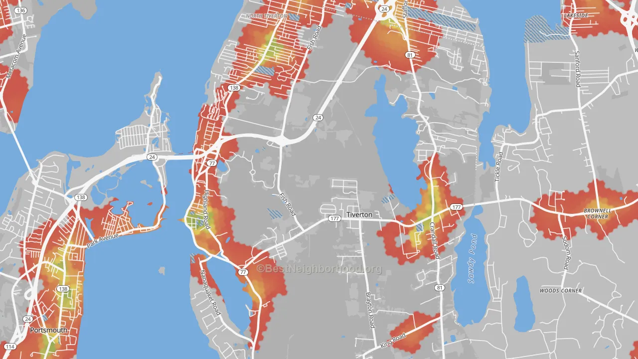 Walk Grade map of 02878, RI, walkable areas in green and car-dependent areas in red