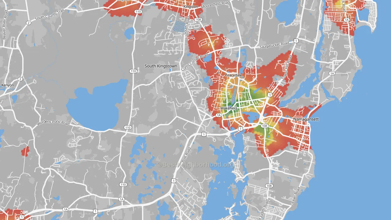 Walk Grade map of 02879, RI, walkable areas in green and car-dependent areas in red