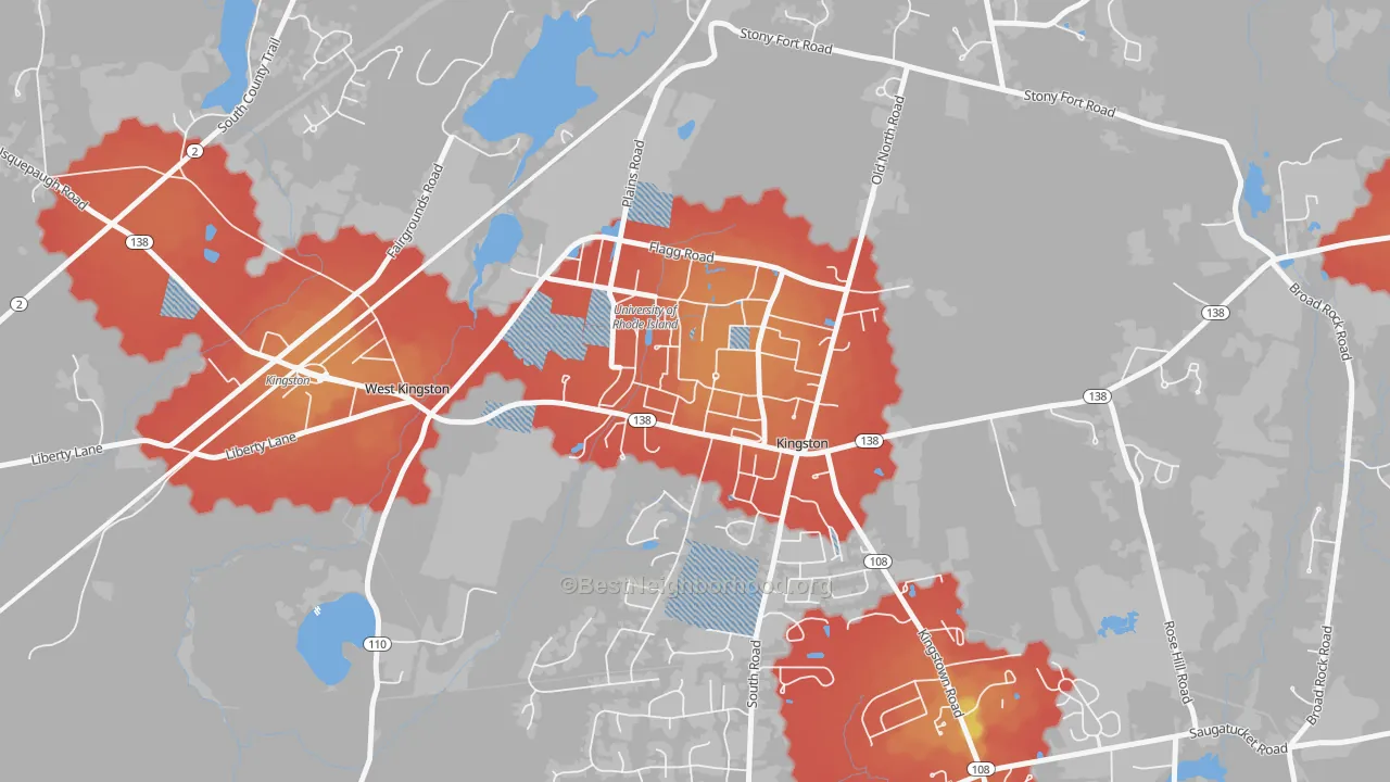 Walk Grade map of 02881, RI, walkable areas in green and car-dependent areas in red