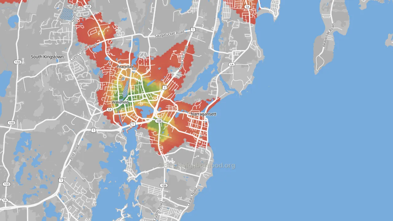 Walk Grade map of 02882, RI, walkable areas in green and car-dependent areas in red