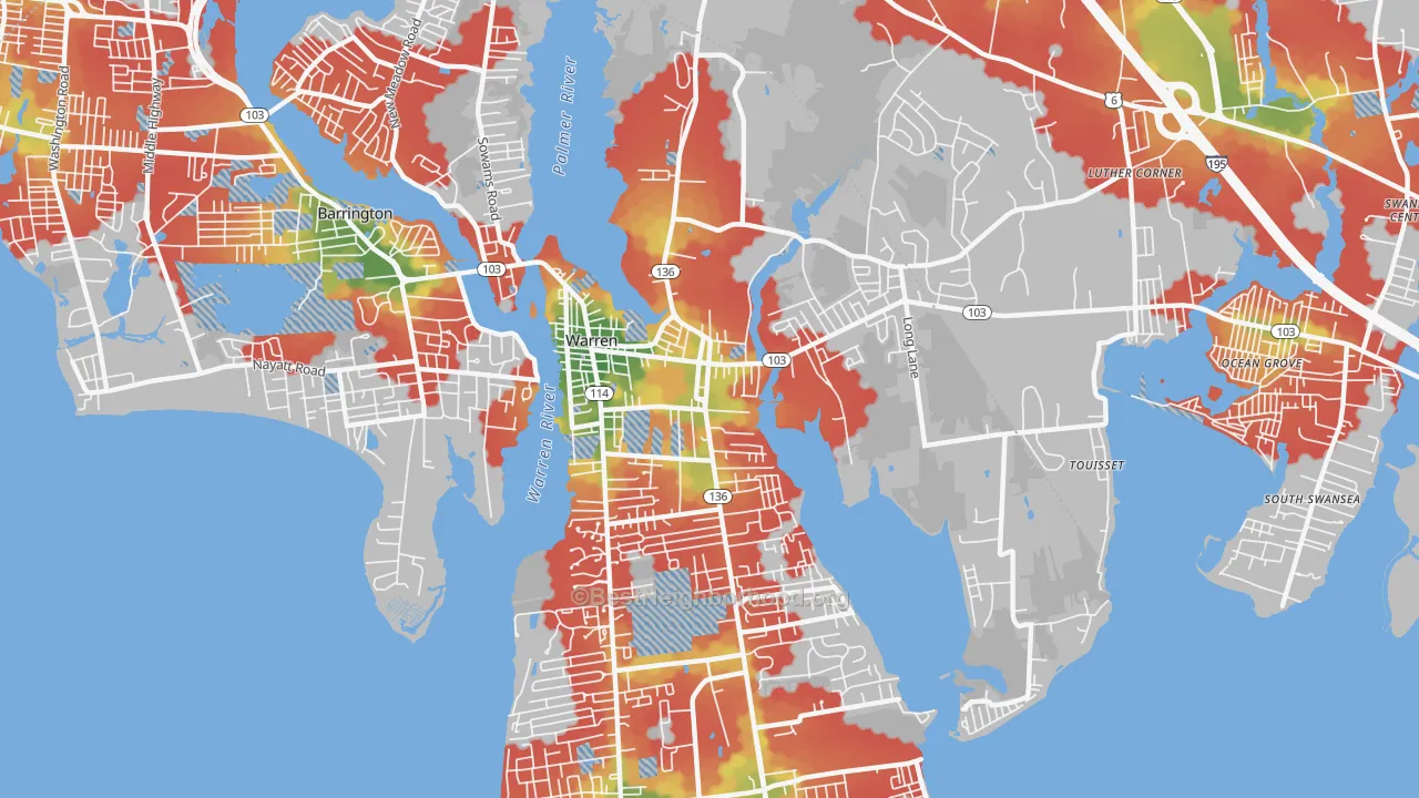 Walk Grade map of 02885, RI, walkable areas in green and car-dependent areas in red