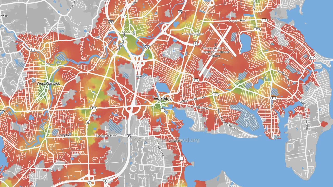Walk Grade map of 02886, RI, walkable areas in green and car-dependent areas in red