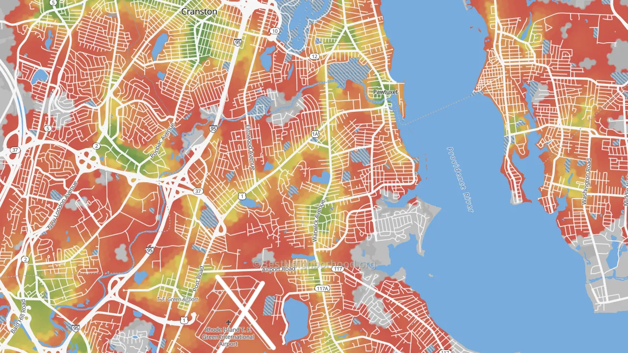 Walk Grade map of 02888, RI, walkable areas in green and car-dependent areas in red