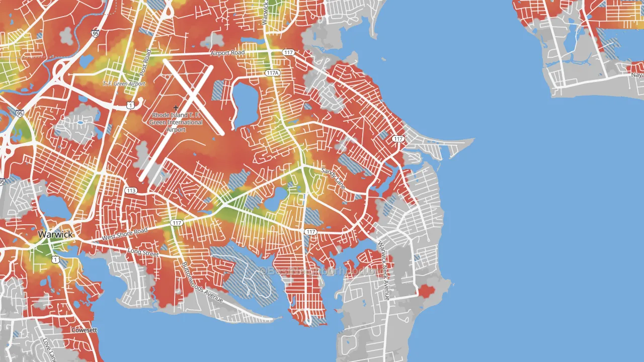 Walk Grade map of 02889, RI, walkable areas in green and car-dependent areas in red