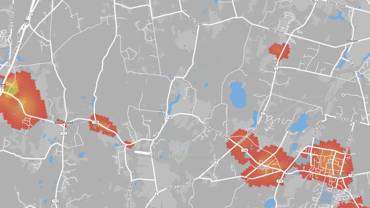 Walk Grade map of 02892, RI, walkable areas in green and car-dependent areas in red