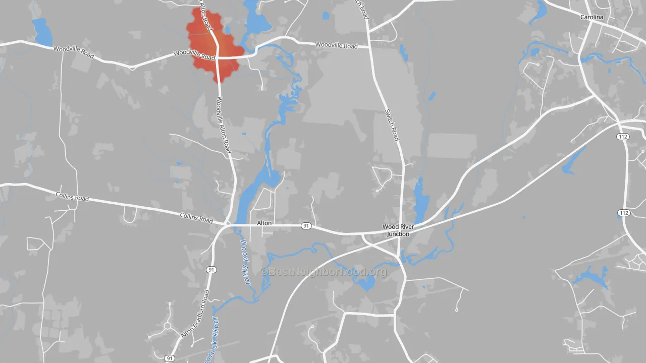 Walk Grade map of 02894, RI, walkable areas in green and car-dependent areas in red