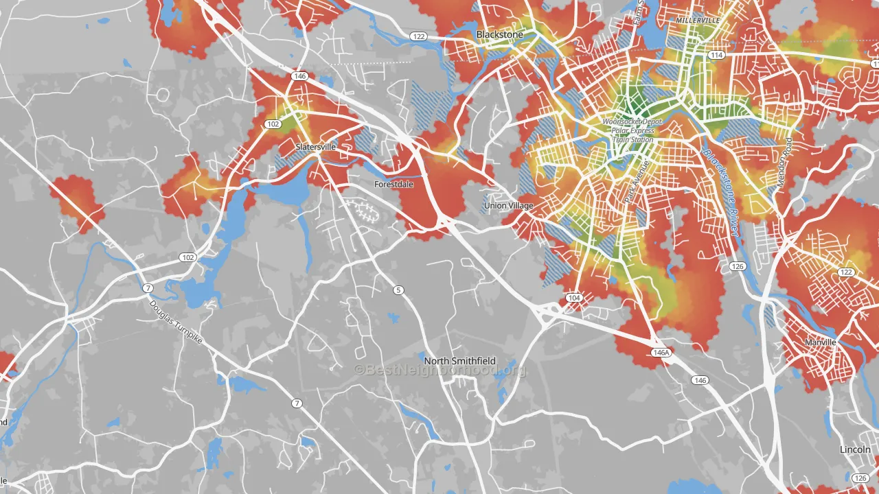 Walk Grade map of 02896, RI, walkable areas in green and car-dependent areas in red