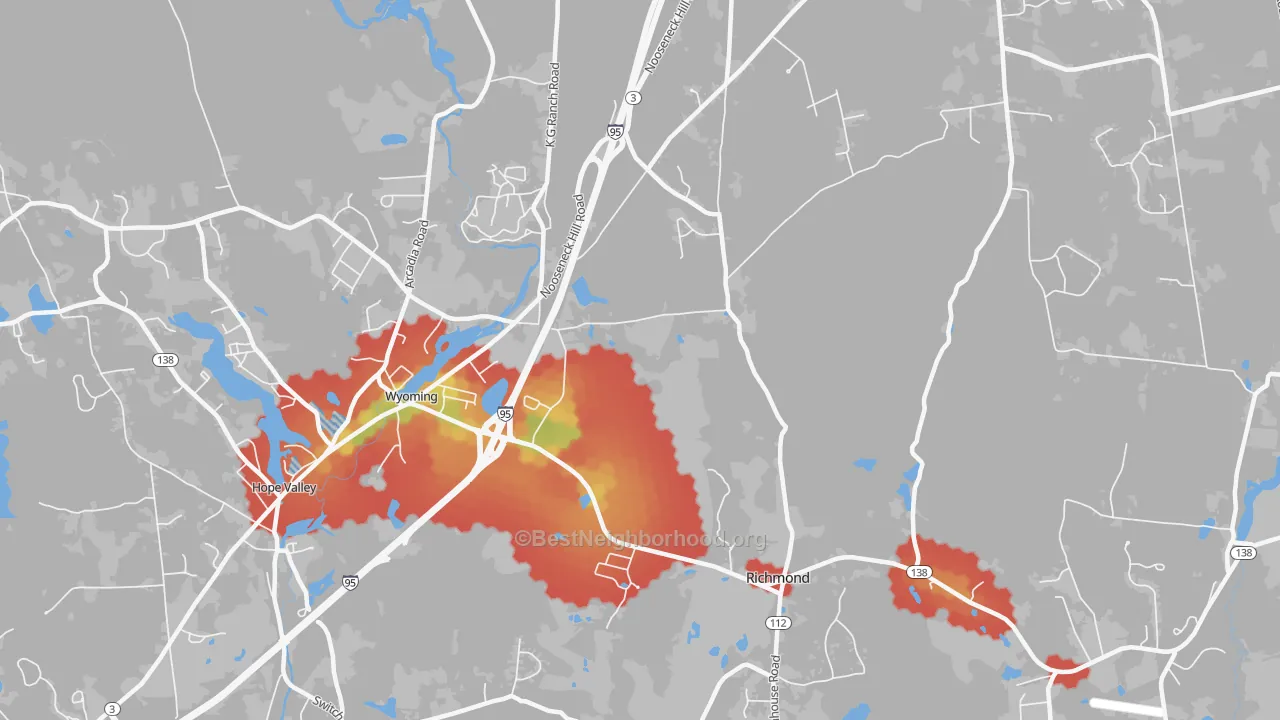 Walk Grade map of 02898, RI, walkable areas in green and car-dependent areas in red