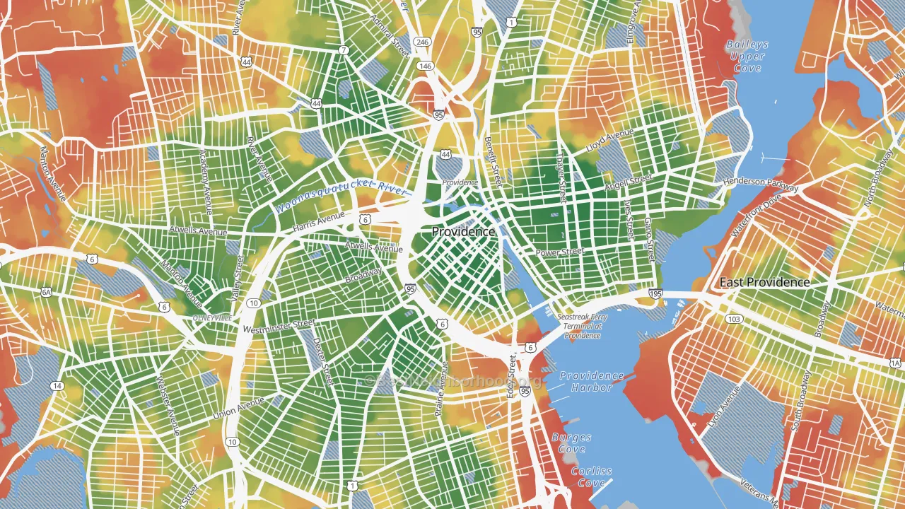 Walk Grade map of 02903, RI, walkable areas in green and car-dependent areas in red