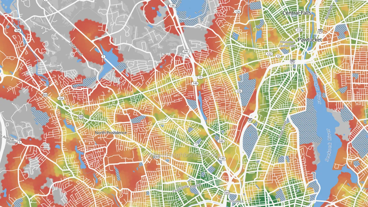Walk Grade map of 02904, RI, walkable areas in green and car-dependent areas in red