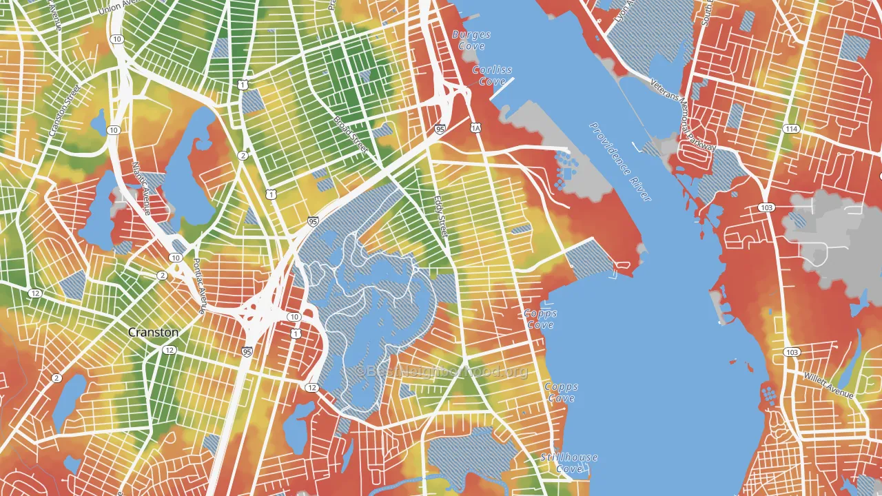 Walk Grade map of 02905, RI, walkable areas in green and car-dependent areas in red