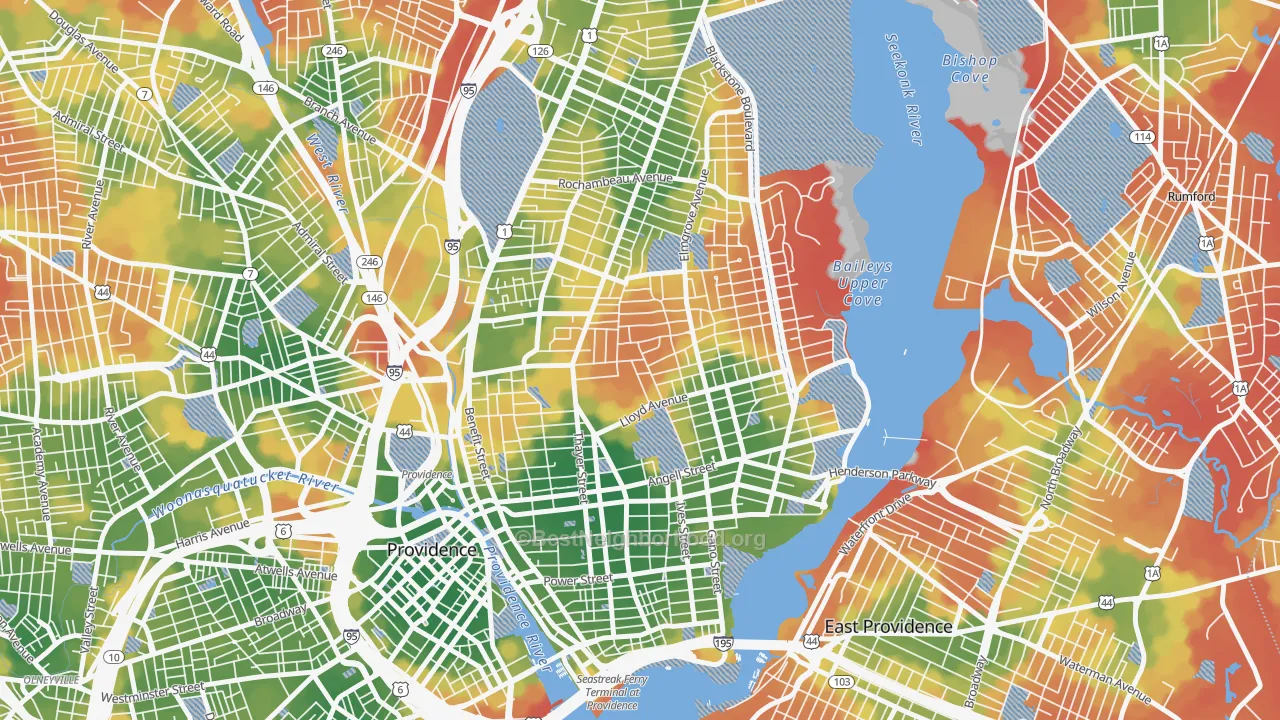 Walk Grade map of 02906, RI, walkable areas in green and car-dependent areas in red