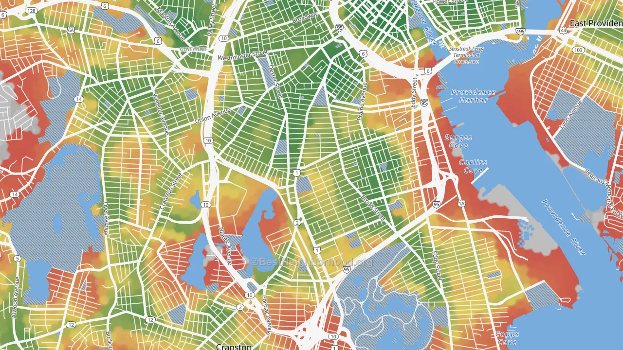 Walk Grade map of 02907, RI, walkable areas in green and car-dependent areas in red