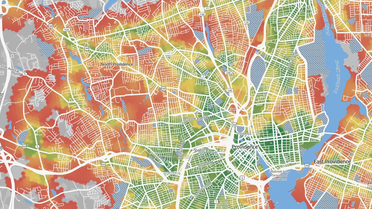 Walk Grade map of 02908, RI, walkable areas in green and car-dependent areas in red