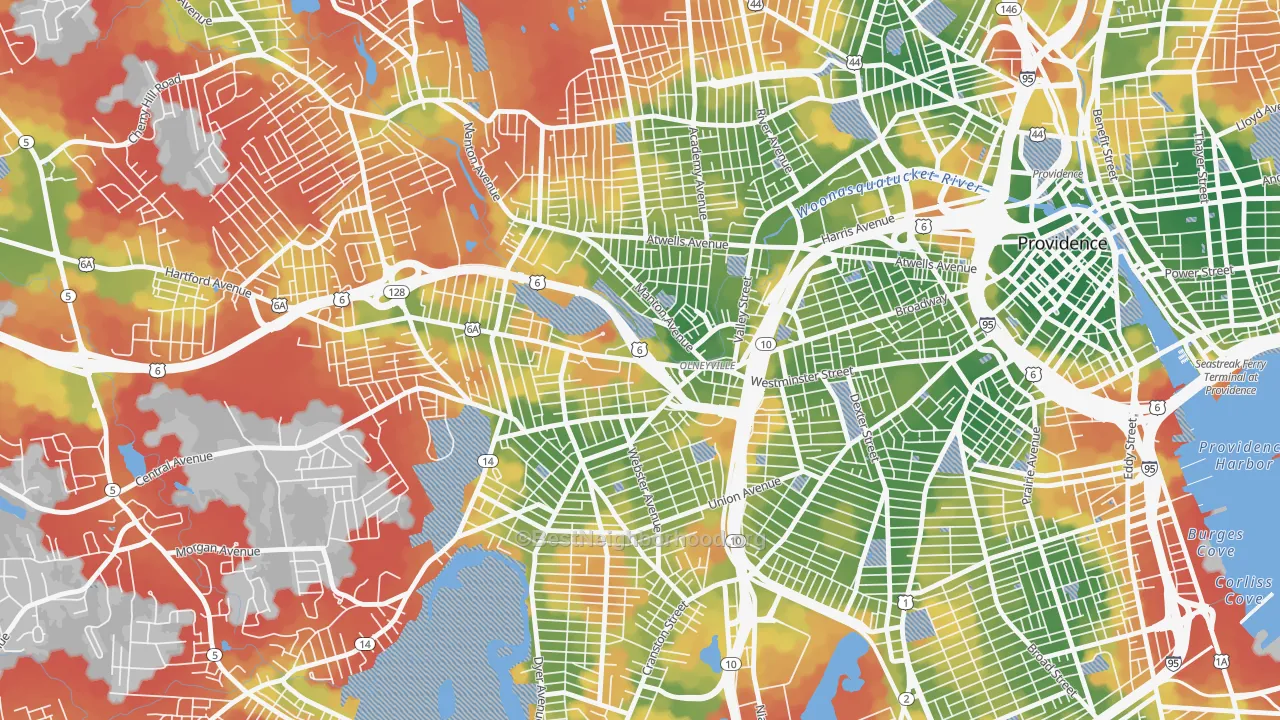 Walk Grade map of 02909, RI, walkable areas in green and car-dependent areas in red