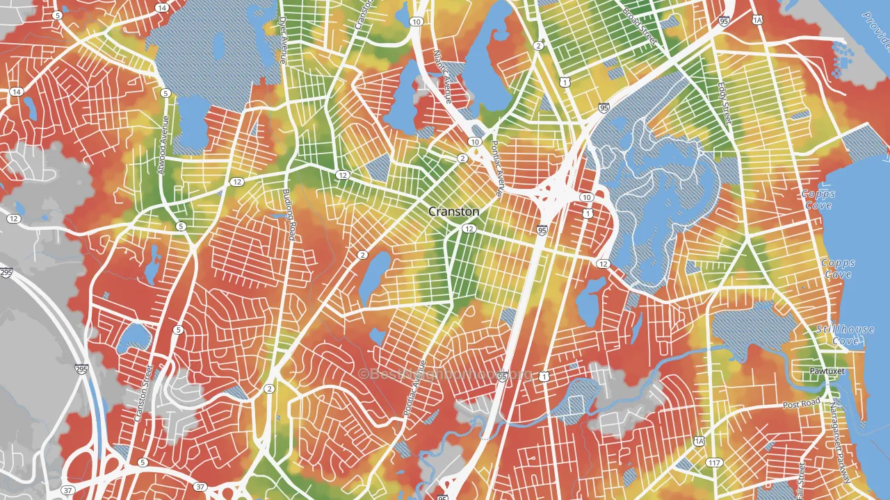 Walk Grade map of 02910, RI, walkable areas in green and car-dependent areas in red