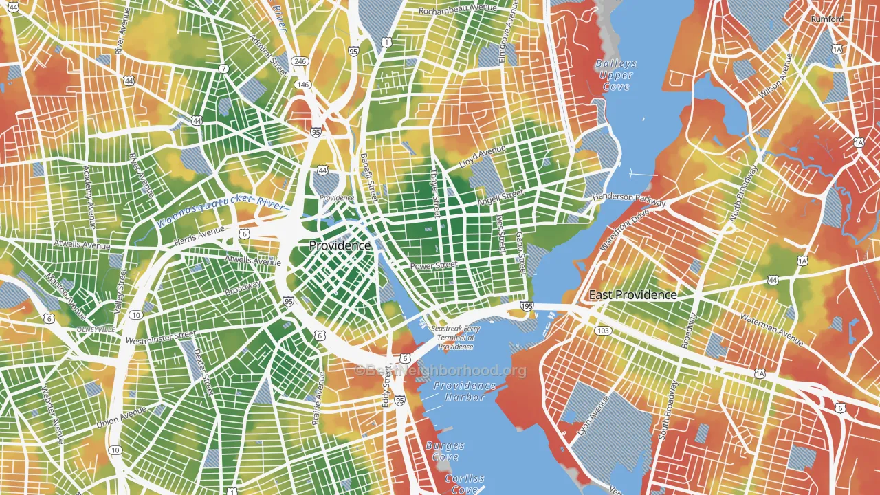 Walk Grade map of 02912, RI, walkable areas in green and car-dependent areas in red