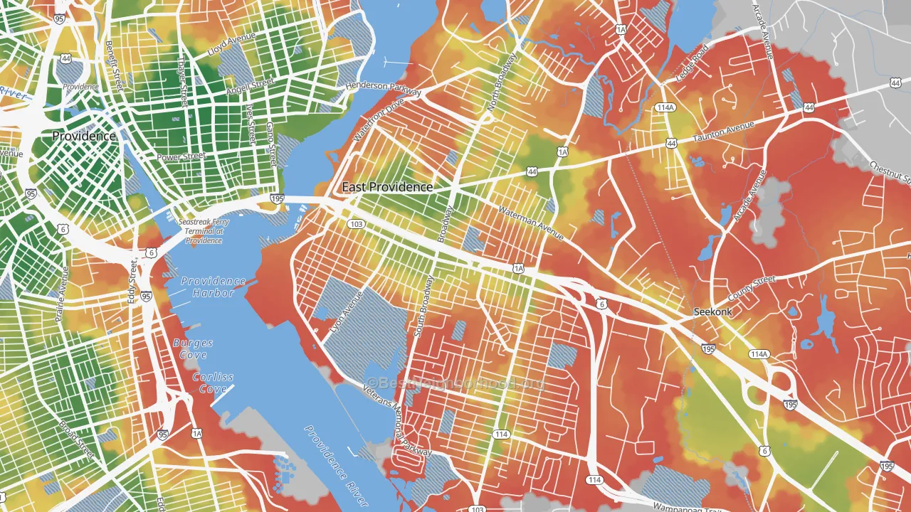Walk Grade map of 02914, RI, walkable areas in green and car-dependent areas in red
