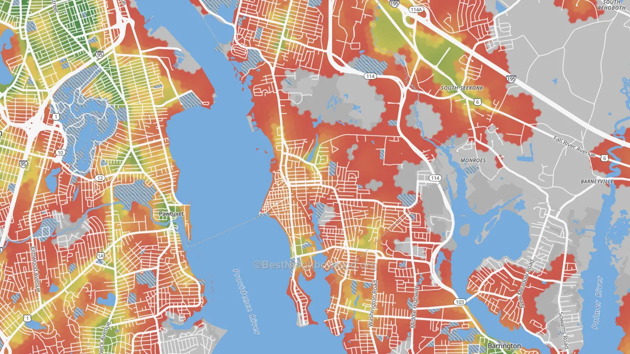 Walk Grade map of 02915, RI, walkable areas in green and car-dependent areas in red