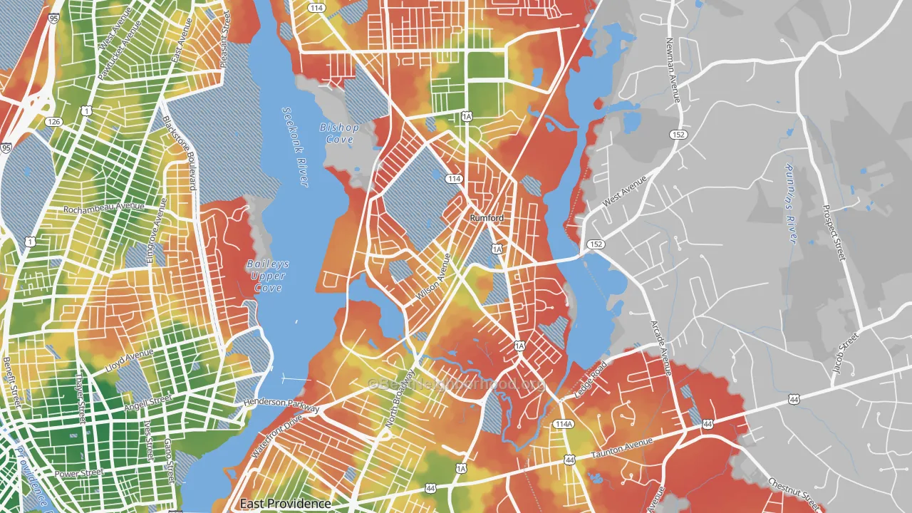 Walk Grade map of 02916, RI, walkable areas in green and car-dependent areas in red