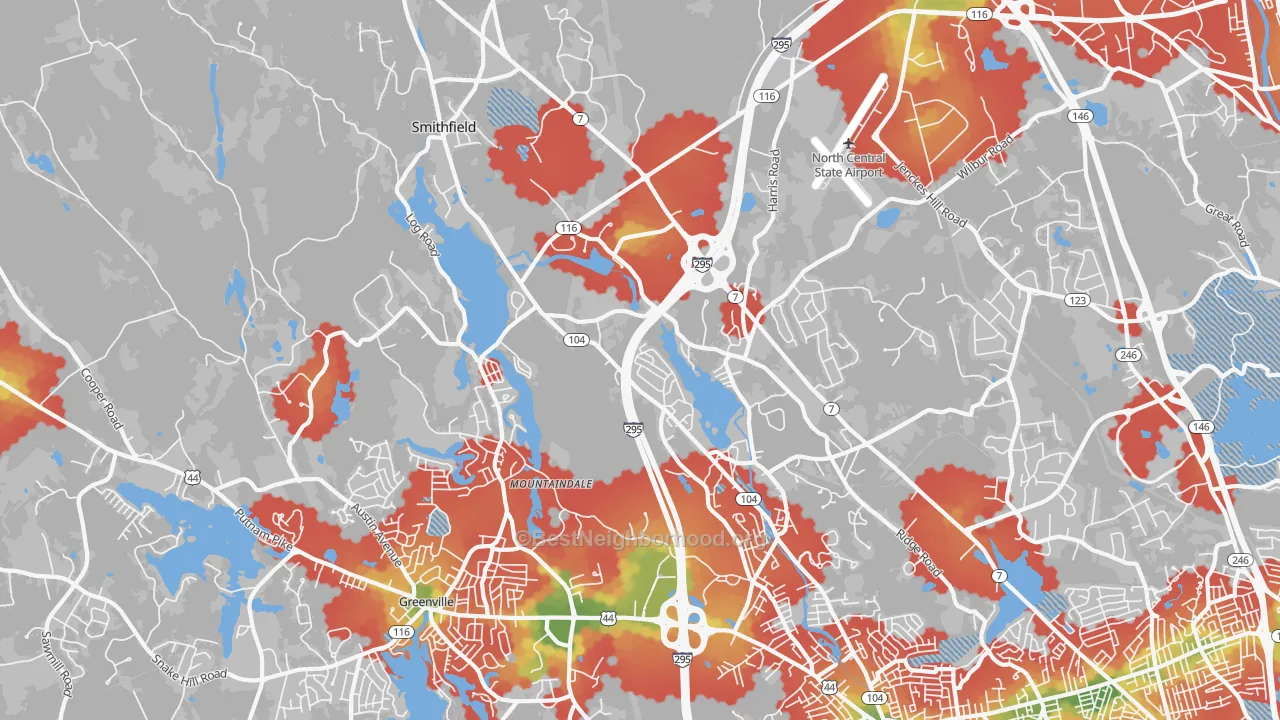Walk Grade map of 02917, RI, walkable areas in green and car-dependent areas in red