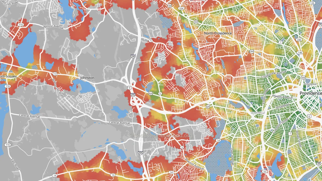Walk Grade map of 02919, RI, walkable areas in green and car-dependent areas in red