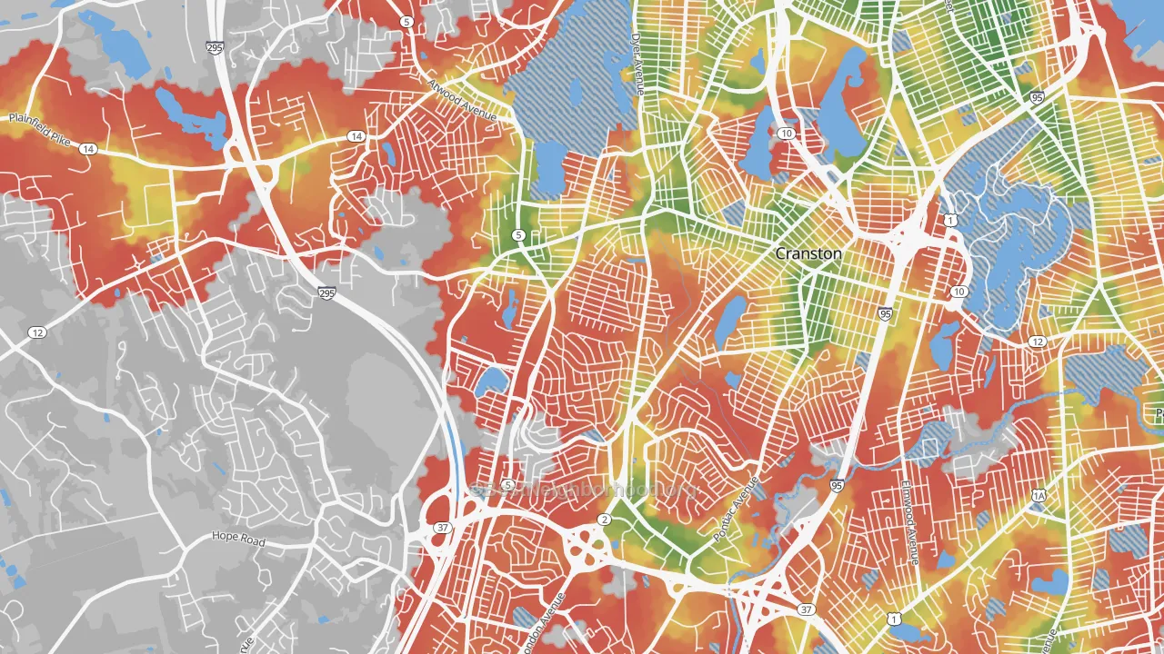 Walk Grade map of 02920, RI, walkable areas in green and car-dependent areas in red