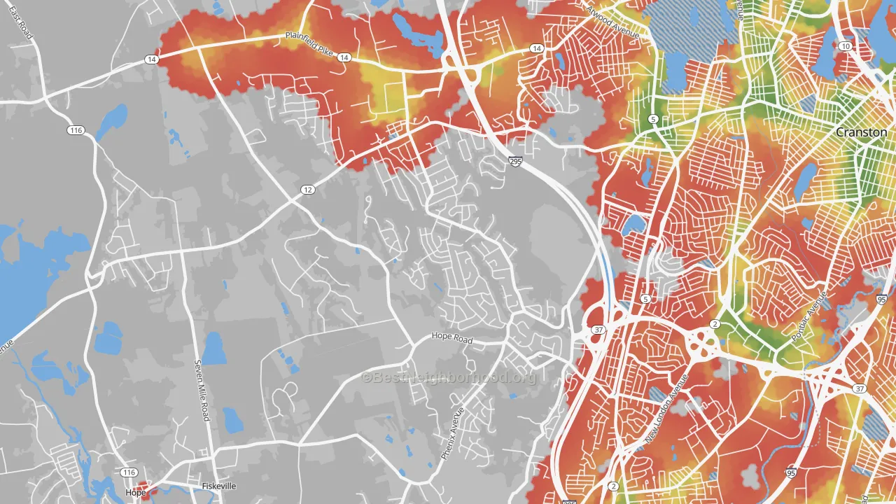 Walk Grade map of 02921, RI, walkable areas in green and car-dependent areas in red
