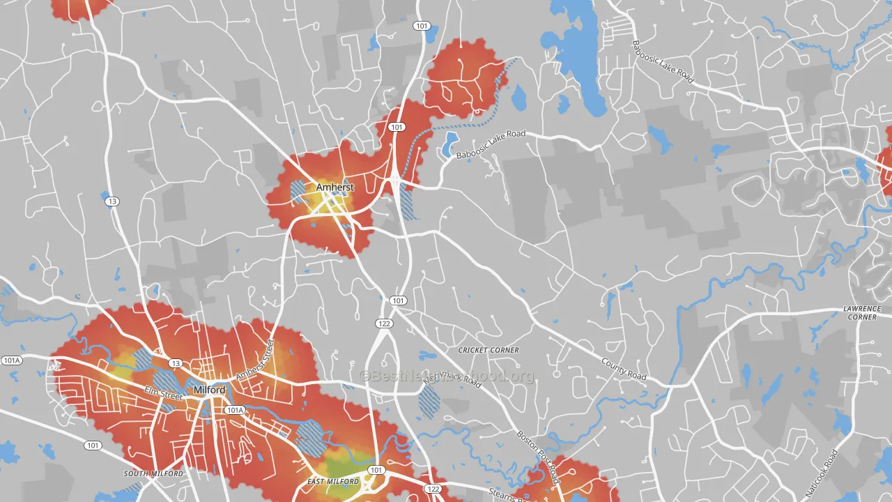 Walk Grade map of 03031, NH, walkable areas in green and car-dependent areas in red